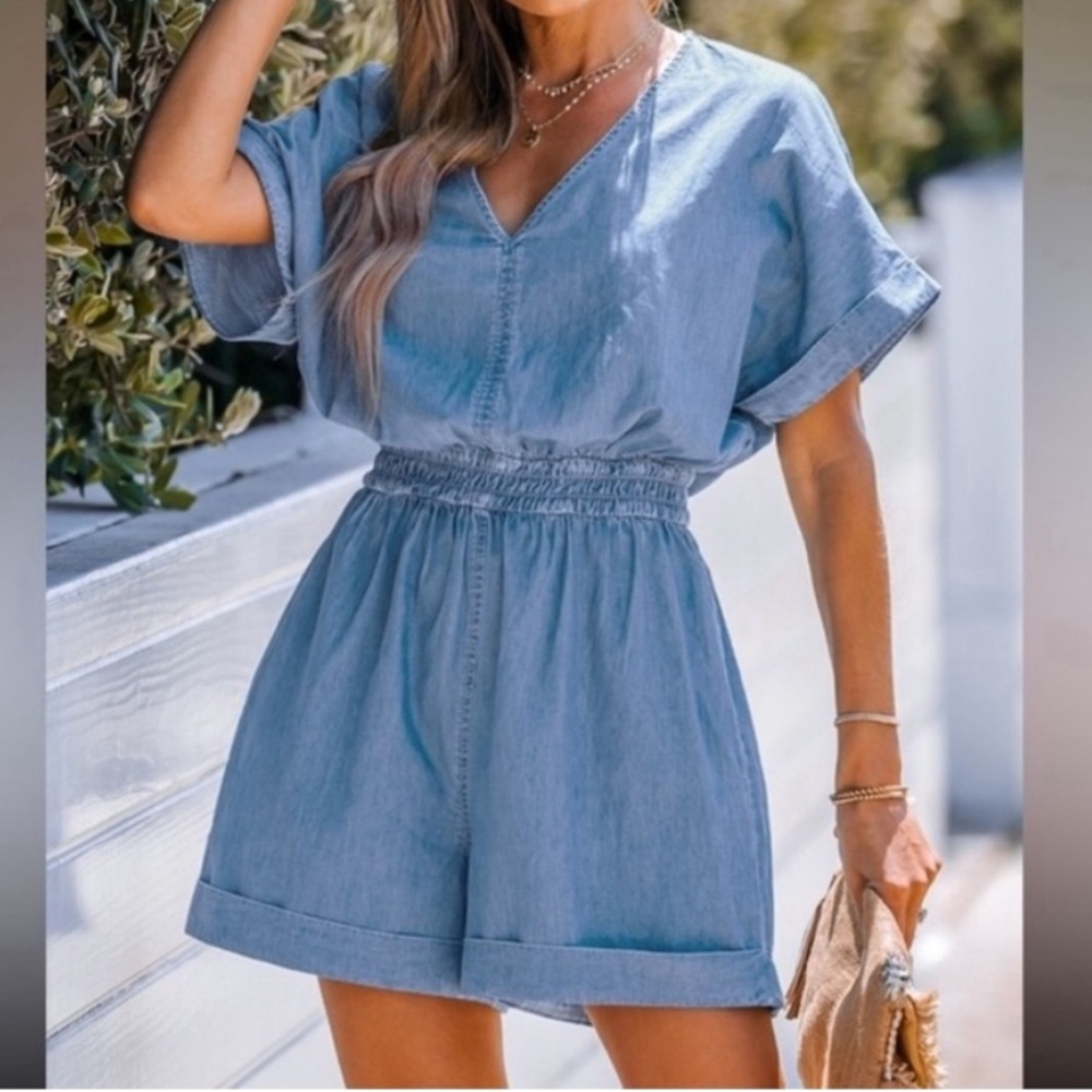 Mustard Seed Womens Sz Small Sun-washed Light Blue Chambray Romper